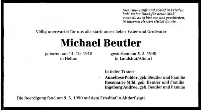 Beutler Michael 1910-1990 Todesanzeige